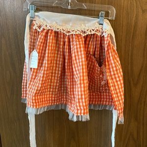 Shabby chic kitchen waist apron orange &white gingham leopard lined heart pocket